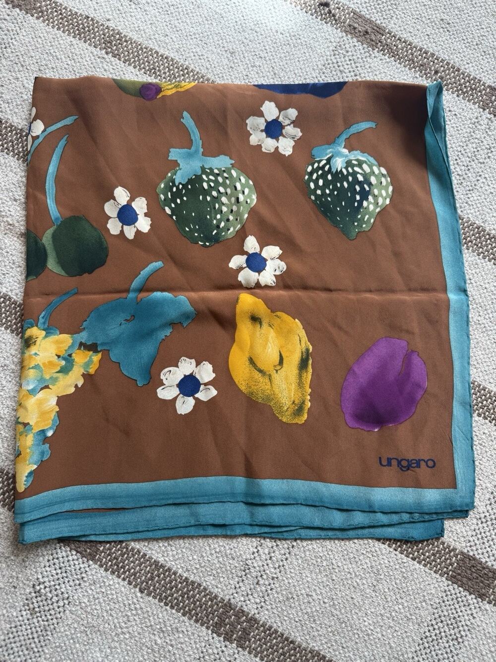 Vtg Emanuel Ungaro Silk Square Scarf Large Brown Teal Fruit Floral 33”